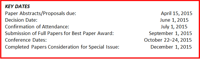 KEY DATES
Paper Abstracts/Proposals due:                                                                   April 15, 2015
Decision Date:                                                                                                 June 1, 2015
Confirmation of Attendance:                                                                        July 1, 2015
Submission of Full Papers for Best Paper Award:                            September 1, 2015
Conference Dates:                                                                             October 22–24, 2015
Completed Papers Consideration for Special Issue:                         December 1, 2015

